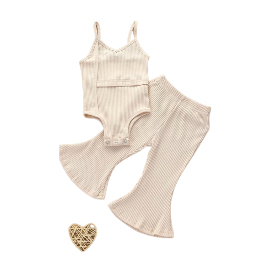 Two-piece ribbed set in Vanilla Beige.